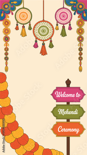 Colorful mehndi hands and welcome sign for ceremony