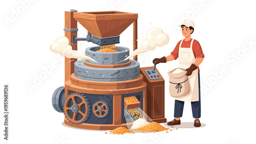 Artisan and Flour Mill: An illustration of a skilled artisan operating a traditional flour mill, where grain is expertly ground to create the finest flour.