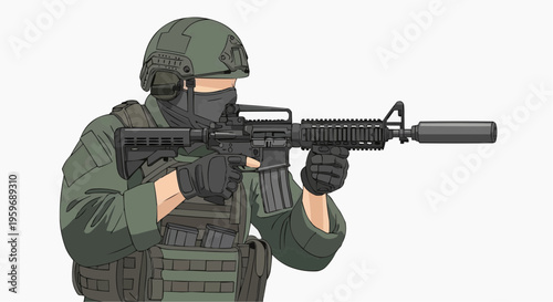 Soldier in tactical gear aiming rifle.
