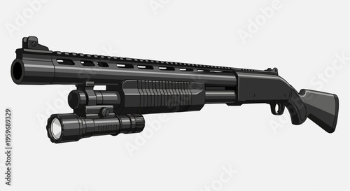 Black tactical shotgun with attached flashlight.