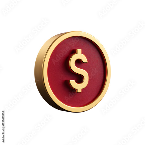 Golden dollar coin with red surface, modern design, on transparent background