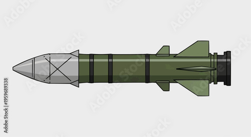Military green missile with fins and guidance system.