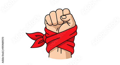 A clenched fist wrapped in a red bandana, symbolizing solidarity and protest, in a flat, minimalist vector graphic design.