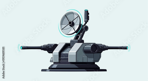 A futuristic turret with satellite dish.
