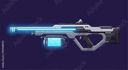 A futuristic silver and black plasma energy gun with glowing blue light.
