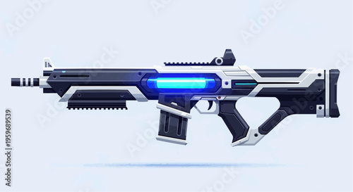 A futuristic black and white sci-fi rifle with blue accents.