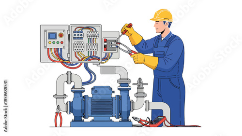 Electrical Engineer at Work: An engineer, diligently focused, works on electrical wiring, embodying expertise in the realm of industry. 