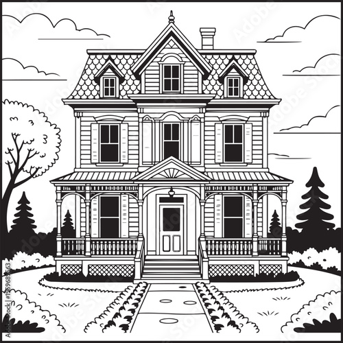 Victorian Style Home Coloring Page – Ornate Gabled House Line Art Illustration, Printable Coloring Sheet for Kids and Adults, Detailed Vector Icon Design for Coloring Book