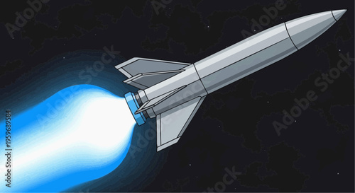 a gray cartoon rocket launching into space.