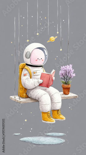 Astronaut, Astronaut reading a book while floating in space, depicted in a flat, modern illustration style.