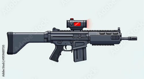 Illustration of a modern black assault rifle with red dot sight.