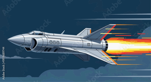 A silver fighter jet taking off.