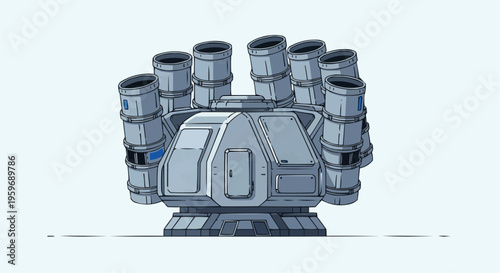 A futuristic gray robotic device with multiple cylindrical components.