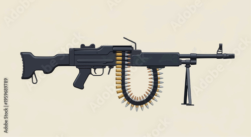 Illustration of a black machine gun with ammunition.