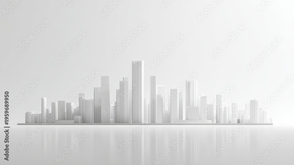 Fototapeta premium Futuristic minimalist cityscape model with sleek white high rise towers reflected on a polished light gray surface, evoking modern architecture, urban growth and clean design