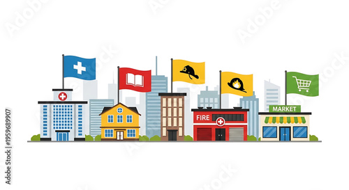A colorful vector illustration of a city skyline with various buildings and flags