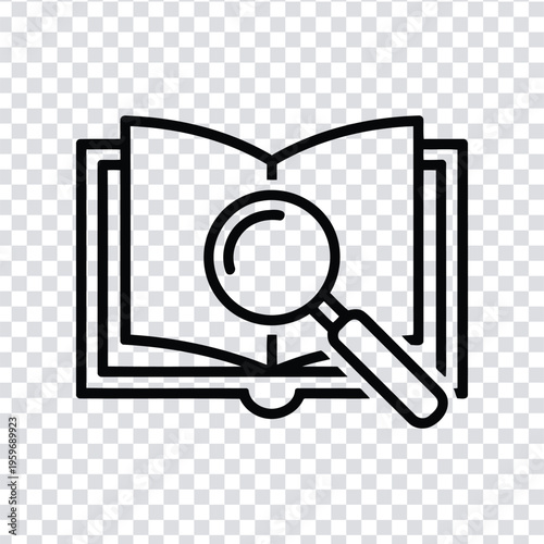 Vector illustration black line icon of a magnifying glass on an open book on a transparent background