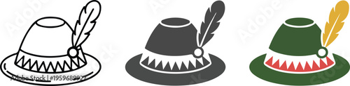 Professional Tyrolean hat icon set featuring traditional Bavarian alpine headwear and German cultural fashion symbols in minimalist vector styles.