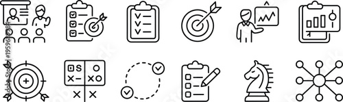 Black and white business strategy with people targets checklists and graphs