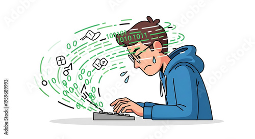 A stressed man overwhelmed by coding and data while working on a computer