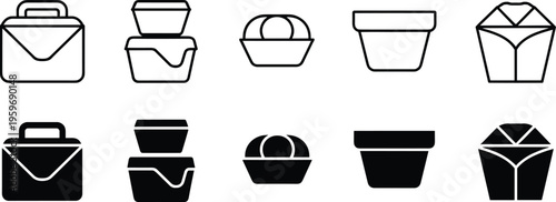 Black and white of various lunch boxes and containers food