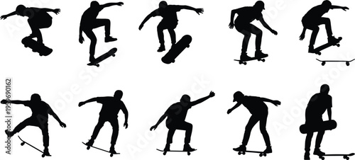 Silhouette set of skateboarder performing tricks, urban sport concept showing motion, balance, freestyle skills, extreme activity, and dynamic street skateboarding lifestyle