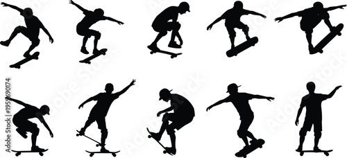 Silhouette collection of skateboarders performing tricks and jumps, urban extreme sport concept showcasing balance, motion, freestyle skills, and dynamic street skating lifestyle