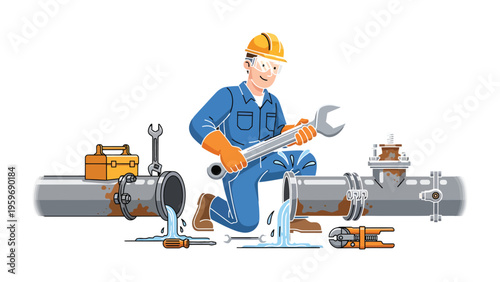Precision in the Pipeline: A skilled technician diligently repairs a leaky pipe with a wrench, showcasing expertise and commitment in a crucial plumbing task.