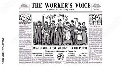 A vintage-style vector illustration of a newspaper front page with a powerful labor rights theme