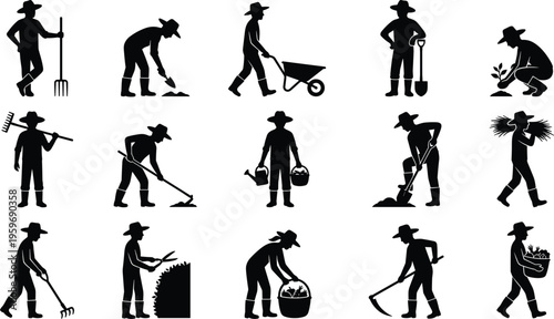 Silhouette set of farmers performing agricultural tasks, rural lifestyle concept showing planting, harvesting, tools usage, and traditional farming activities in countryside environment