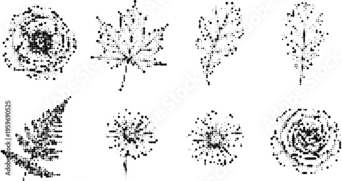 Collection of eight unique stylized leaves and floral elements composed of tiny dots, showcasing organic shapes and intricate patterns in black