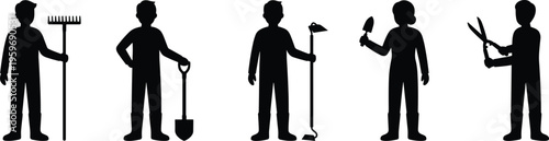 Silhouette set of gardeners holding tools, landscaping and agriculture concept showing maintenance work, planting, trimming, and outdoor gardening activities
