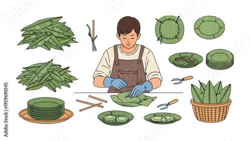 Artisan Crafting Floral Elegance: A skilled florist meticulously arranges a selection of fresh leaves, shaping and styling each element to create captivating floral displays.