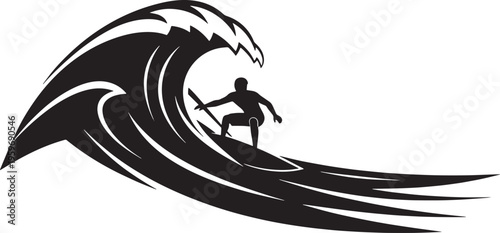 Dynamic monochrome illustration capturing the thrilling essence of a lone surfer expertly riding a powerful ocean wave, symbolizing adventure, freedom, and the captivating spirit of water sports