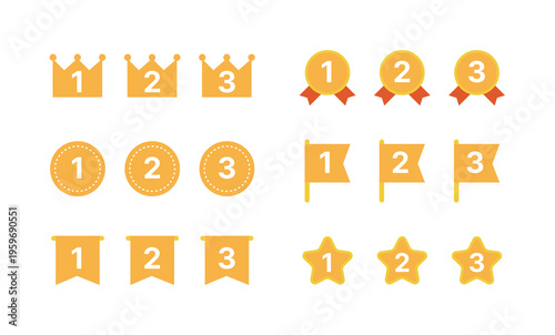 Set of golden ranking icons from 1st to 3rd place. Flat vector illustration of various shapes like crown, medal, flag, and star with numbers 1, 2, and 3 on white background for games and infographics.
