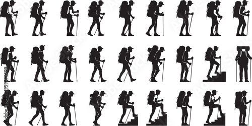 Dynamic vector silhouettes depicting individuals embarking on an uphill journey with backpacks and walking poles, symbolizing challenges, progress, and the spirit of outdoor adventure and exploration