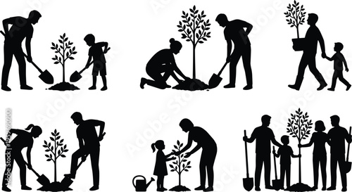 Family tree planting silhouettes set showing teamwork, parents and children gardening together, environmental conservation, community activity, eco friendly lifestyle illustration isolated on white