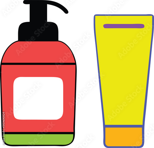 Colorful abstract illustration of a lotion bottle and tube of cream