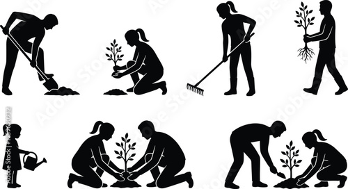 People planting trees and gardening silhouettes showing teamwork, watering, raking and soil preparation for environmental conservation eco friendly lifestyle illustration isolated