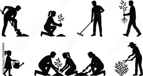 Gardening silhouettes collection showing people planting trees, watering plants, raking soil and teamwork in environmental conservation eco friendly lifestyle isolated illustration