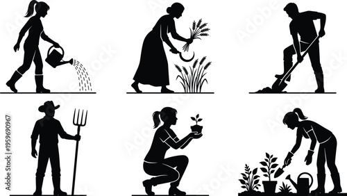 Gardening silhouettes set featuring women and men watering plants, harvesting crops, digging soil and caring for garden in eco friendly lifestyle illustration