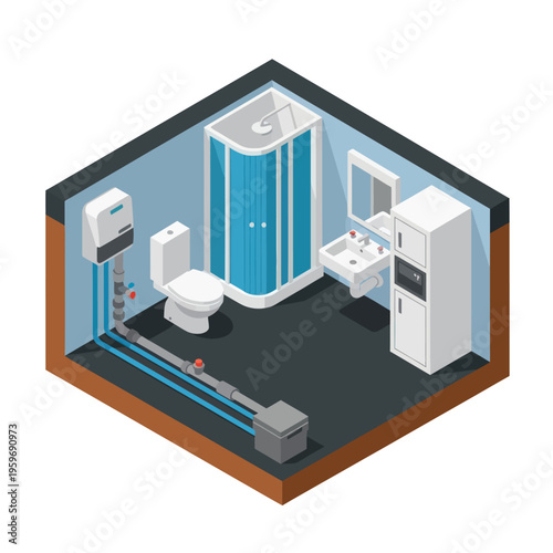 Isometric Bathroom Interior Design with Toilet, Shower, and Sink.