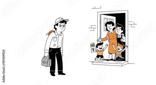 A delivery man stands at the doorstep of a happy family home, delivering a package to a smiling woman and her excited children.