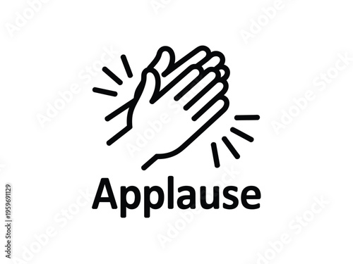 A black line drawing of clapping hands with lines indicating sound on a white background