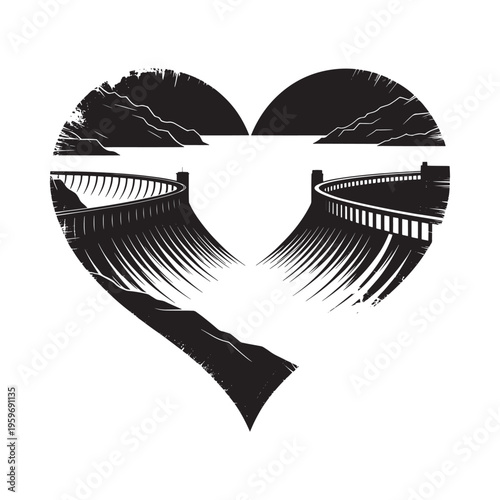A striking black and white illustration depicts a heart shape containing a dam and surrounding landscape