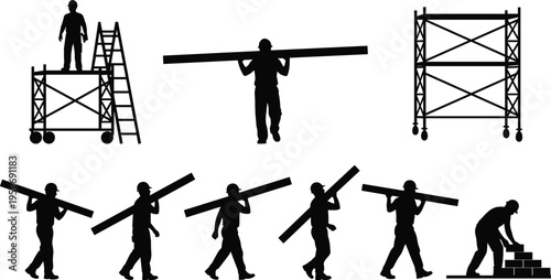 Construction worker silhouettes carrying beams, climbing scaffolding, laying bricks, manual labor activities, industrial workforce icons isolated on white background