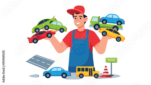 A World of Miniature Dreams: A cheerful individual surrounded by a vibrant collection of toy vehicles, embodying the spirit of play, fantasy, and the joys of childhood.