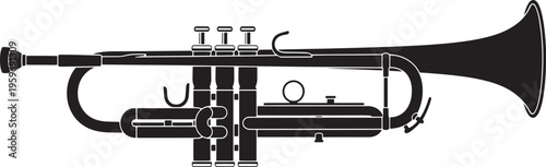 Striking black silhouette of a classic brass trumpet, a versatile musical instrument perfect for jazz, orchestra, or band performances, isolated illustration