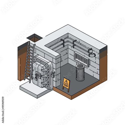 Isometric Illustration of a Concrete Bunker with Blast Door and Ladder.