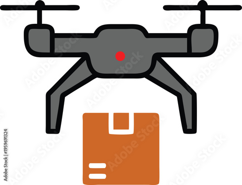 Drone delivery of package illustration with gray quadcopter and orange box